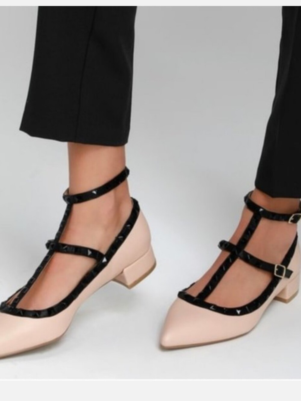Lulu's Studded Black And Nude Ankle Strap Flat